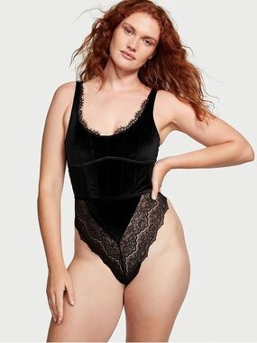 Victoria's Secret Black Velvet & Lace Scoop Teddy Bodysuit